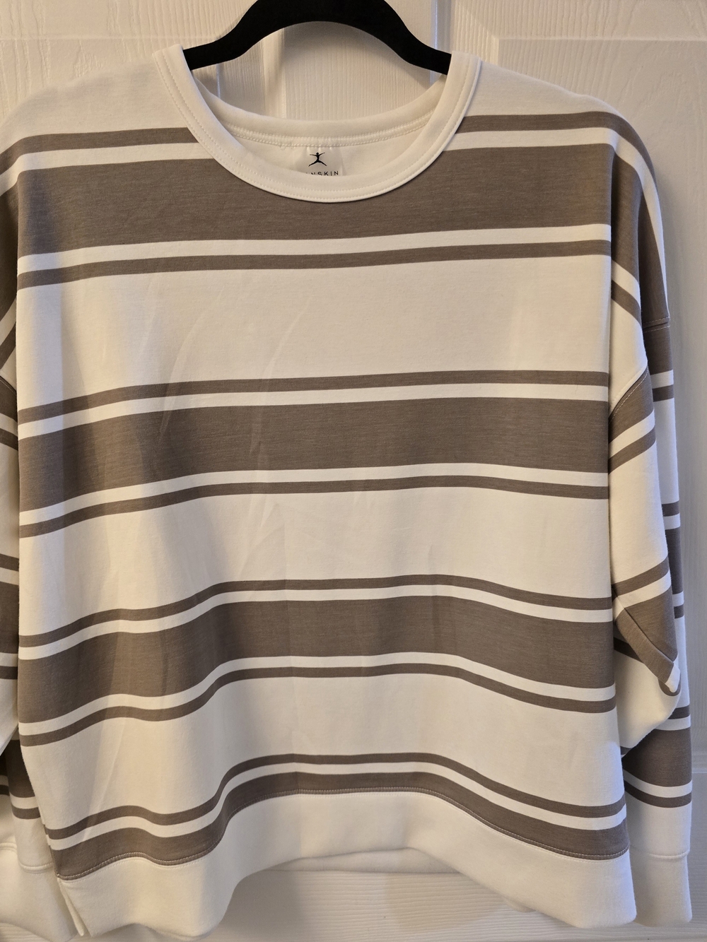 Danskin Women's White and Taupe Striped Crewneck Sweatshirt